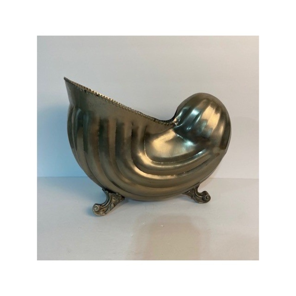 Vintage Silver Plated Brass Nautilus Shell Planter Footed Conch Bowl Centerpiece